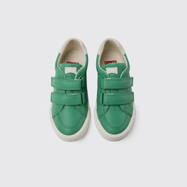 Overhead view of Pursuit Green and white sneakers for kids