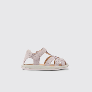 Side view of Bicho Pink nubuck sandals with glitter effect