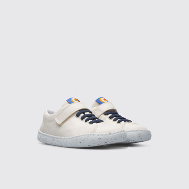 Front view of Peu Touring White shoe with velcro and laces for kids