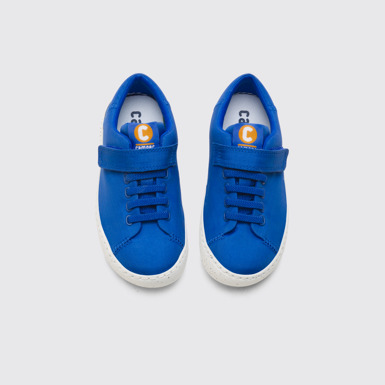 Overhead view of Peu Touring Blue shoe with velcro and laces for kids