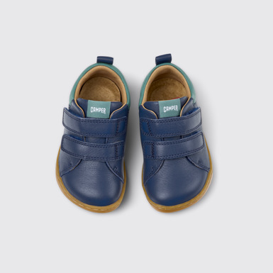 Overhead view of Peu Blue and Green Leather Sneakers for kids.