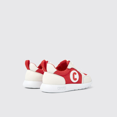 Back view of Driftie Red and white textile and leather sneakers for kids