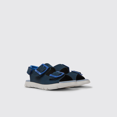 Front view of Oruga Blue leather sandals for kids