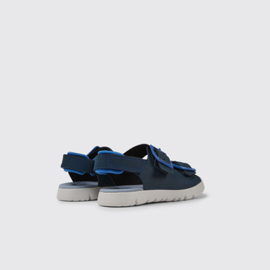 Back view of Oruga Blue leather sandals for kids