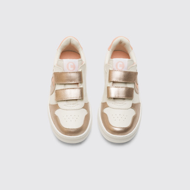 Overhead view of Runner White, pink and metallic pink sneaker for kids