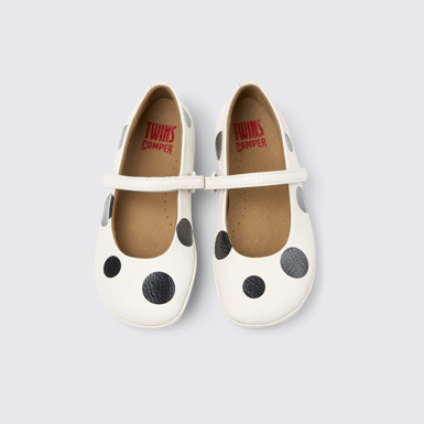 Overhead view of Twins White and Black Leather Ballerinas for kids.