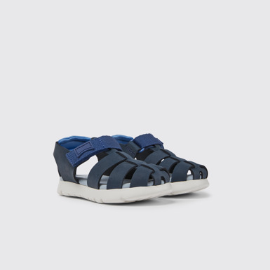 Front view of Oruga Blue leather and textile sandals