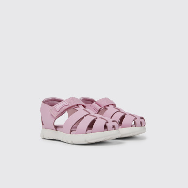 Front view of Oruga Pink leather and textile sandals