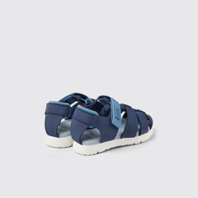 Back view of Oruga Blue leather and textile sandals for kids