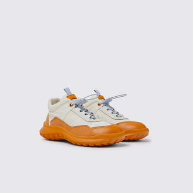 Front view of CRCLR White and orange sneakers for kids