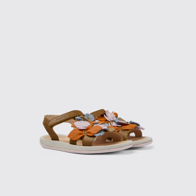 Front view of Twins Brown leather sandals for girls