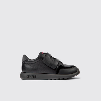 Side view of Driftie Black leather and textile sneakers