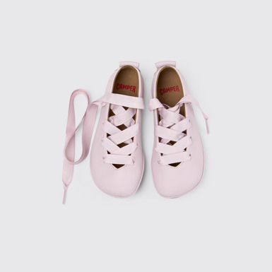 Overhead view of Right Pink Leather Ballerinas for kids.