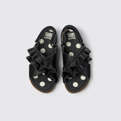 Overhead view of Twins Black Leather Sandals for kids.