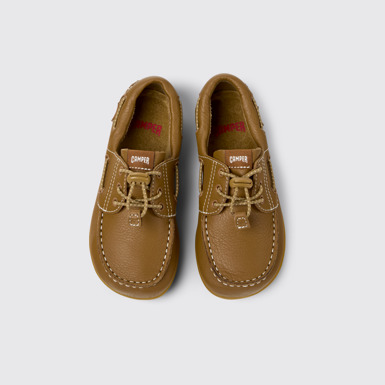 Overhead view of Peu Brown Leather Nautical Shoes for kids.