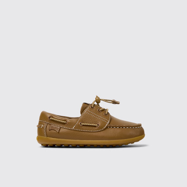 Side view of Peu Brown Leather Nautical Shoes for kids.