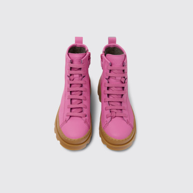 Overhead view of Brutus Pink leather lace-up boots