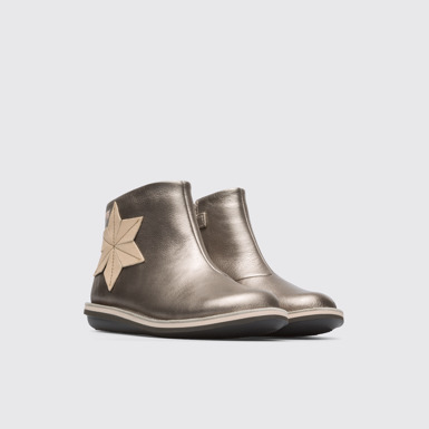 Front view of Twins Beige metallic TWIN zip boot for girls