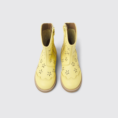 Overhead view of Savina Yellow leather boots for kids