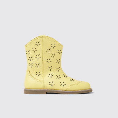 Side view of Savina Yellow leather boots for kids