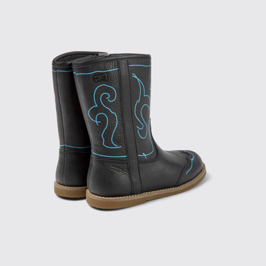 Back view of Twins Black leather boots for kids