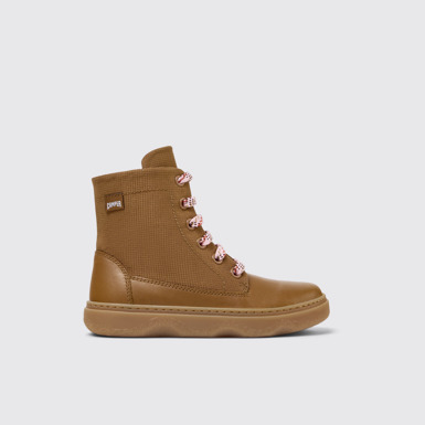 Side view of Kiddo Brown Textile and Leather Ankle Boots for Kids.