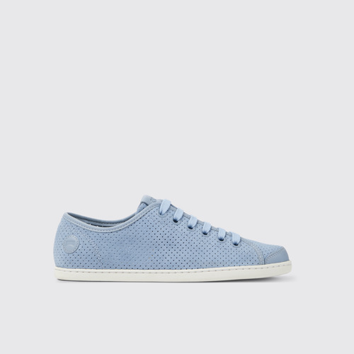 Side view of Uno Blue nubuck and leather sneakers for women