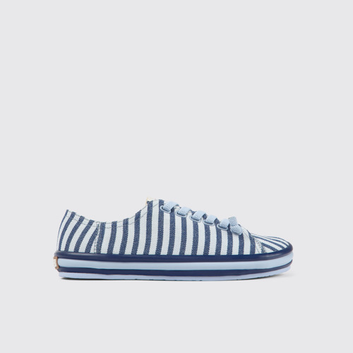 Image of Side view of Peu Rambla Blue and white textile sneakers for women
