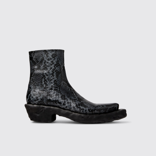 Image of Side view of Venga Gray-Black Leather Zip Bootie