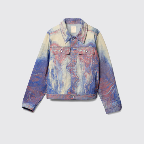 Side view of Denim Jacket  Blue-Beige-Red Denim Jacket