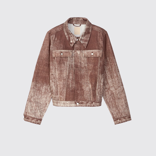 Image of Side view of Denim Terracotta Paint Print Denim Jacket