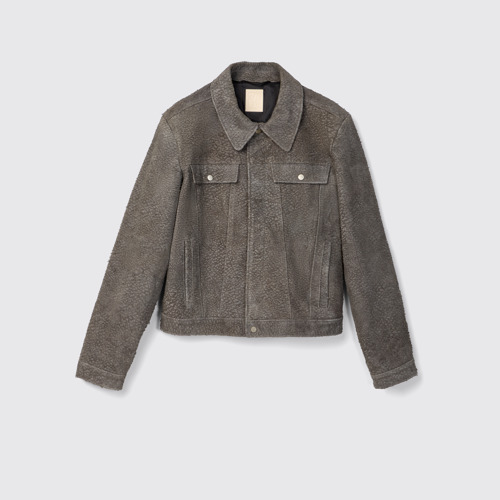 Image of Side view of Suede Jacket Gray Wrinkled Suede Leather Jacket