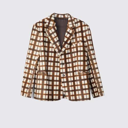 Side view of CAMPERLAB LEATHER Cream-brown tartan hair-on-leather blazer