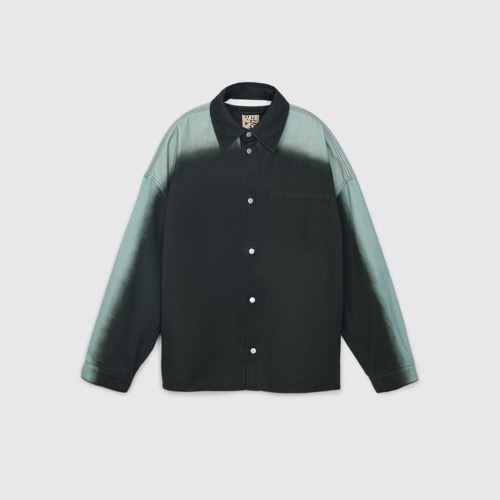 Side view of CAMPERLAB DENIM Black denim shirt with printed spray effect