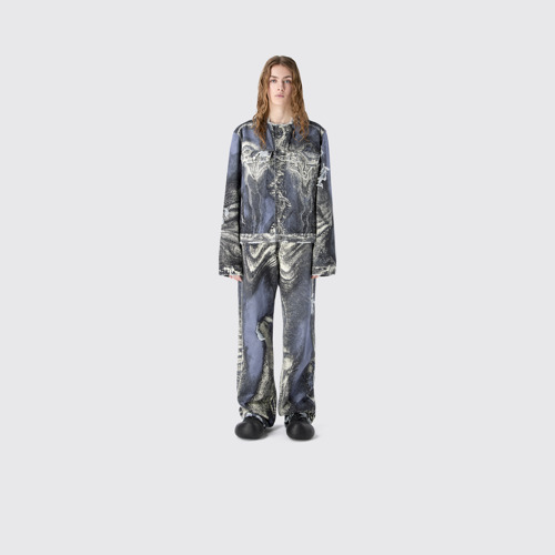 DISTORTED PRINT DISTRESSED DENIM JACKET BLUE-CREAM