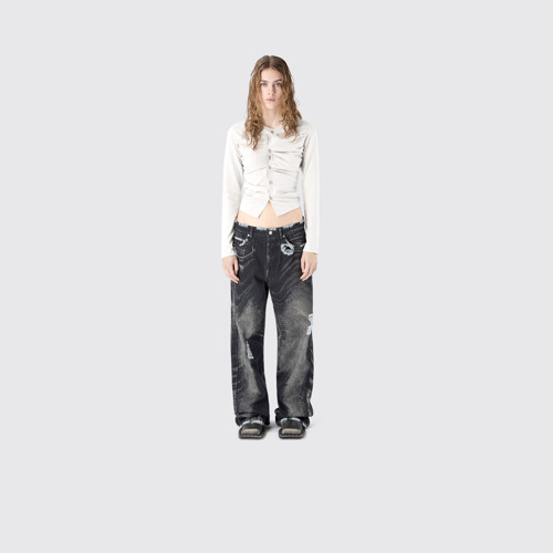 DISTORTED PRINT DISTRESSED DENIM JEANS BLACK-Gray