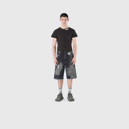 DISTORTED PRINT DISTRESSED DENIM SHORTS Schwarz-Grau