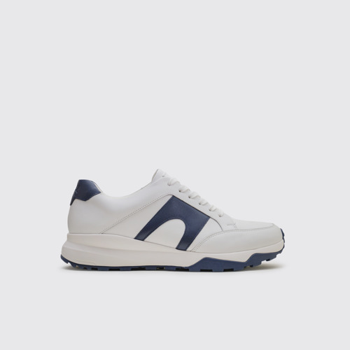 Image of Side view of Spackler White and navy leather golf sneakers
