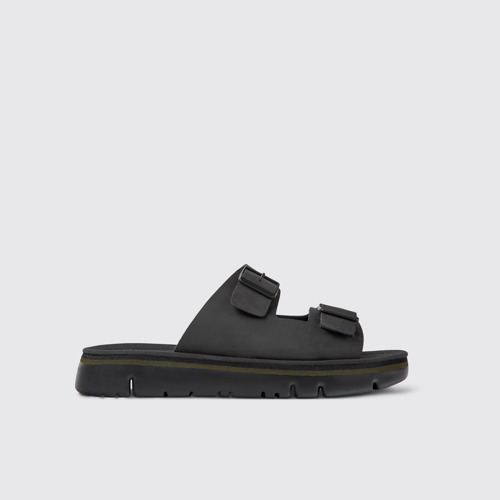 Image of Side view of Oruga Black Leather Slide for Men
