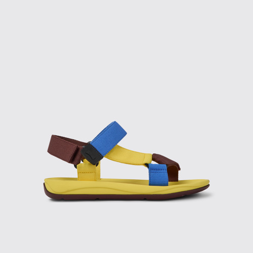 Side view of Match Yellow, blue, and burgundy sandals for men
