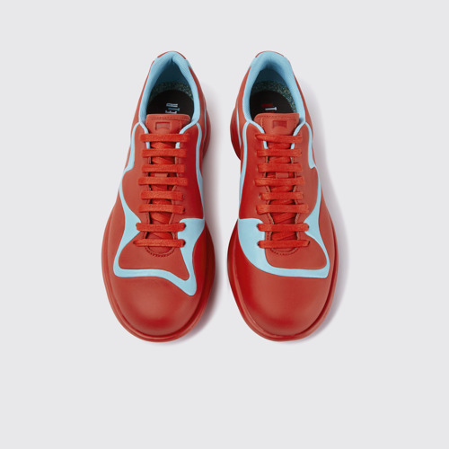 Overhead view of Twins Red and turquoise leather lace-up sneakers