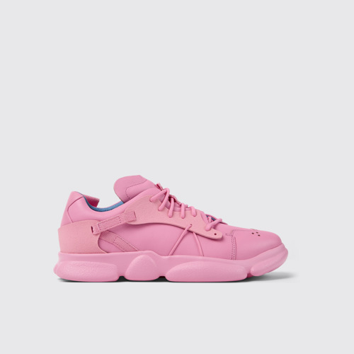 Side view of Karst Pink leather and textile sneakers for men