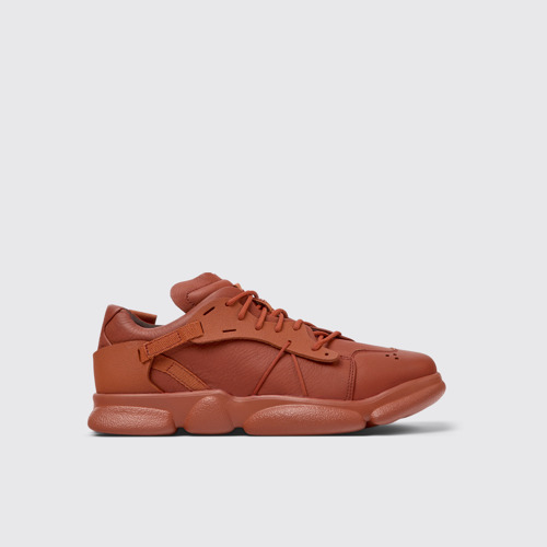 Image of Side view of Karst Red leather and textile sneakers for men