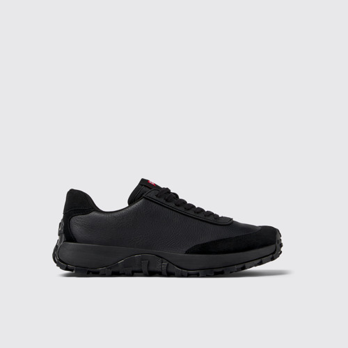 Image of Side view of Drift Trail Black Leather and Nubuck Sneakers for Men.
