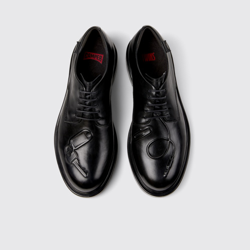 Image of Overhead view of Twins Black Leather Shoes for Men.