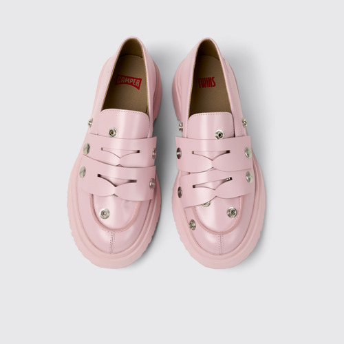 Overhead view of Twins Pink Leather Moccasins for Men.