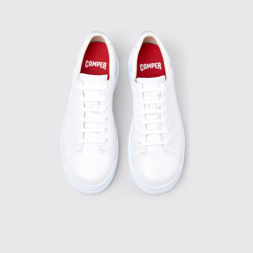 Image of Overhead view of Runner Up White Leather Sneakers for Women.