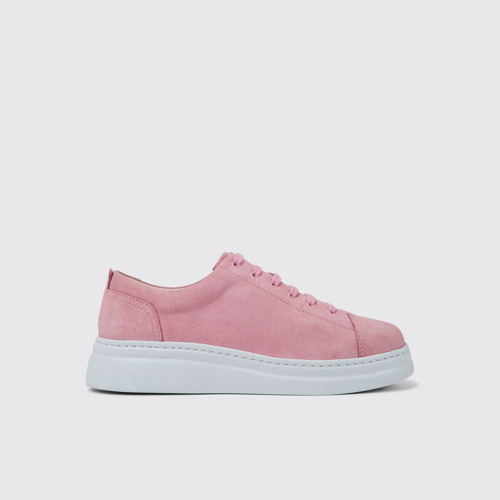 Side view of Runner Up Pink nubuck sneakers for women