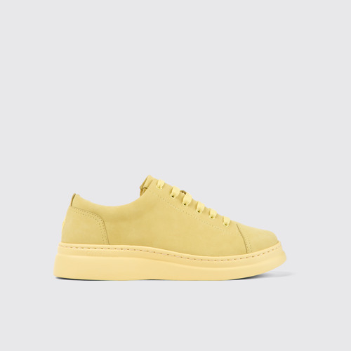 Side view of Runner Up Yellow nubuck sneakers for women