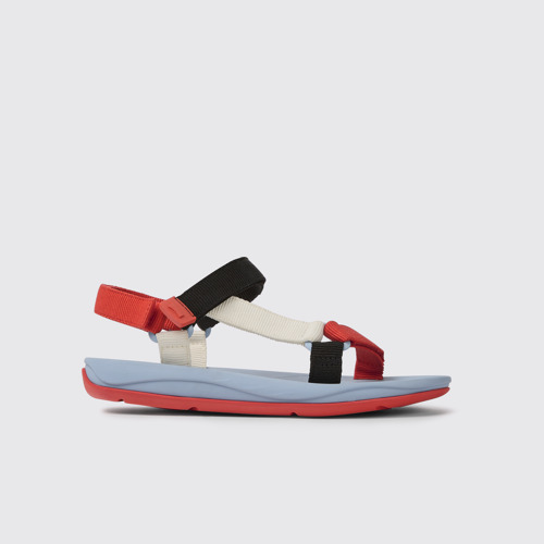 Side view of Match Red, white, and black sandals for women